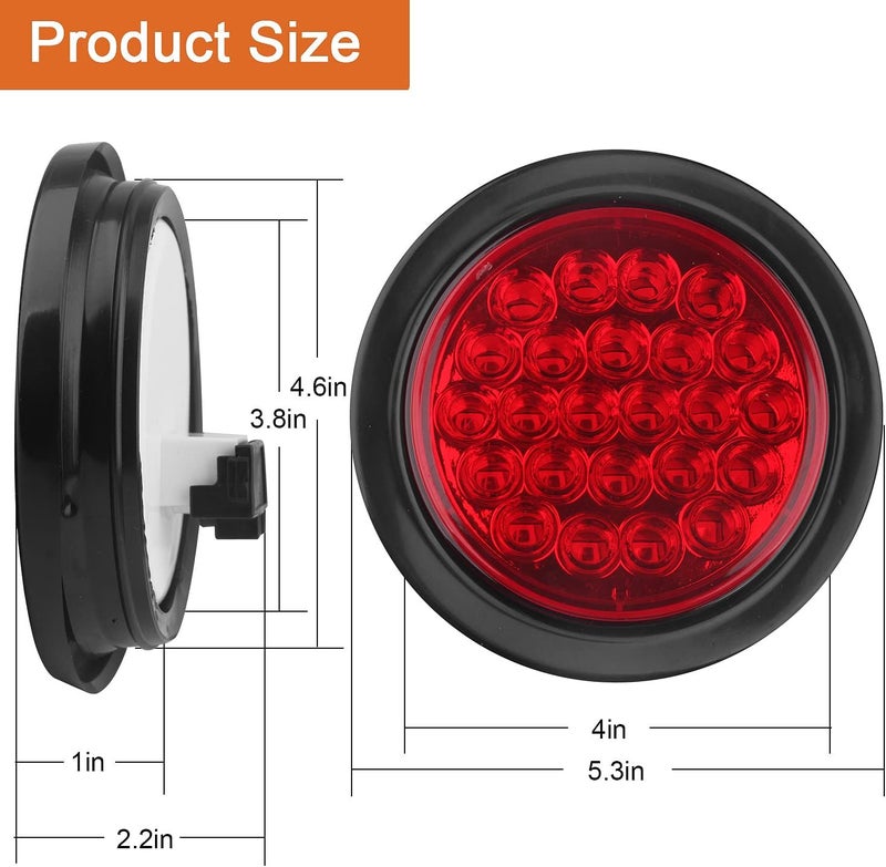Partswcgg 4Pcs 4 Inch Round Led Stop Turn Tail Brake Backup Reverse Lights 24 LED Waterproof 4 Inch Round LED Trailer Tail Lights for Trucks RV W/Lights Grommets 3-Prong Trailer Wire Pigtails 12V (2Red+2White) - Image 5